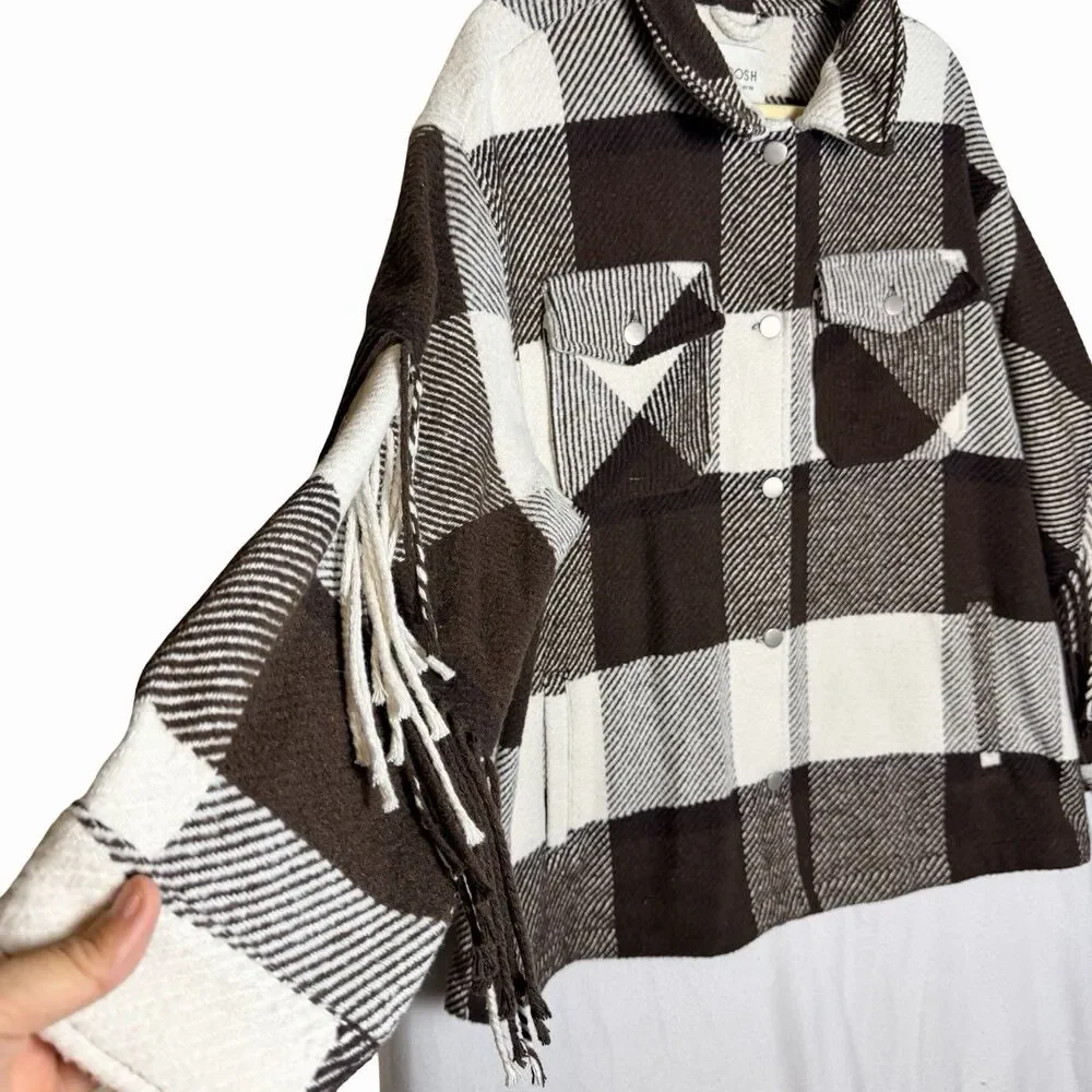 Stoosh Plaid Fringe Shacket Jacket Women's XL Brown Cream Button Front Buffalo